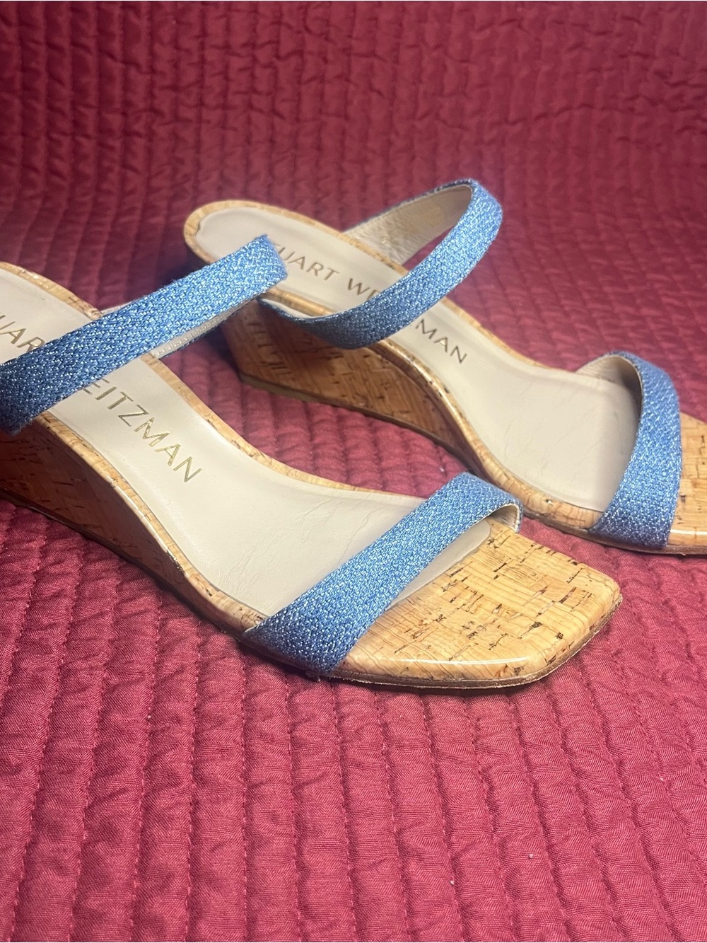 Stuart Weitzman Aleena 50 Cork Wedge Sandals Blue Slide Square Toe Size 7.5 - Picture 4 of 8